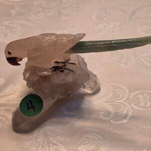 Vintage 1950s Hand Carved Small Gemstone Parrot on A Perch
